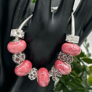 Pandora Style Dusty Pink Charm Bracelet in Silver with Rhinestone Spacers, NWOT